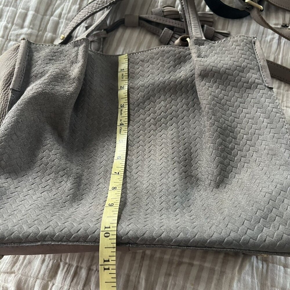Anthropology Miss Albright Gray Suede Purse Shoulder Strap Boho Handbag Tassels - Picture 9 of 10